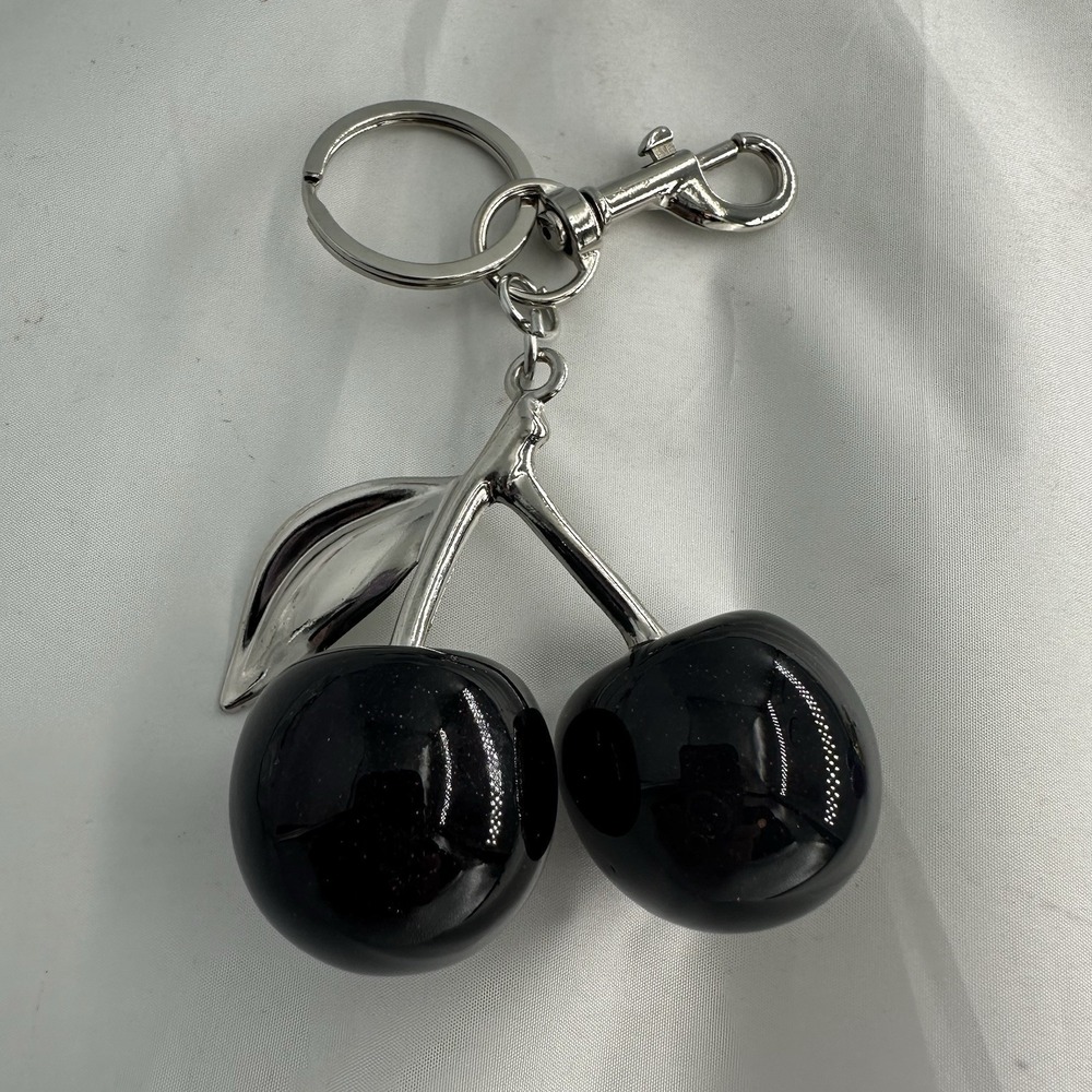 Black Glitter Cherry Keychain Silver Tone Bag Charm Pendant - Luxury Bag Charm